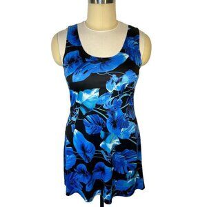 Tango Mango Size XL Shift Dress Blue Tropical Leaf Stretch Round Neck Sleeveless